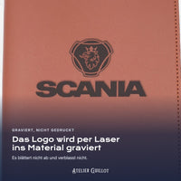 Logo SCANIA, per Laser in Kunstleder graviert