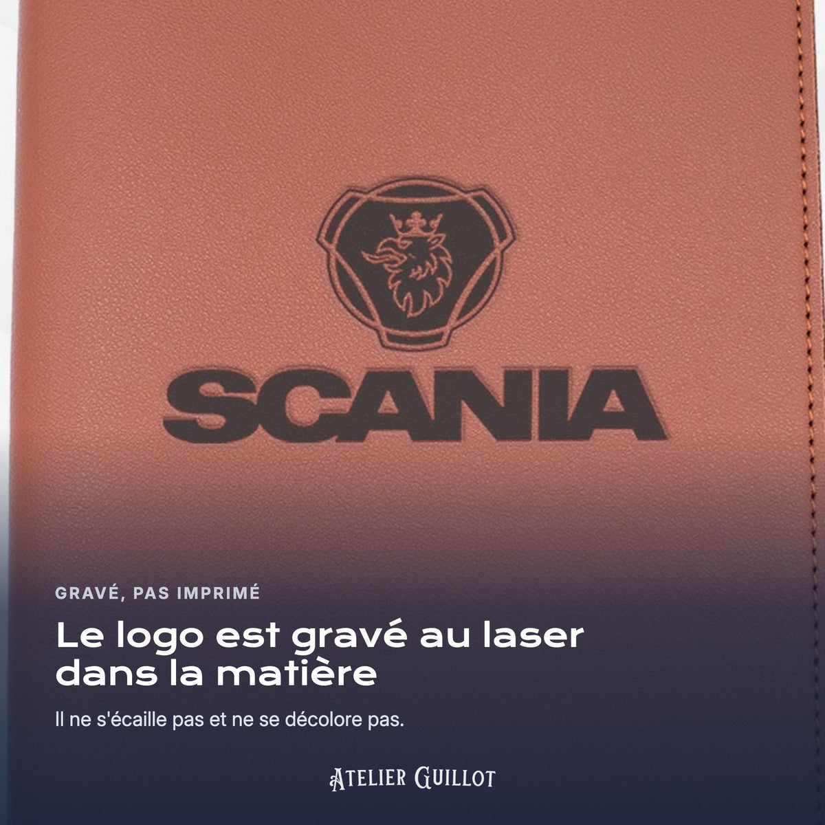 Logo SCANIA gravé au laser dans le simili cuir