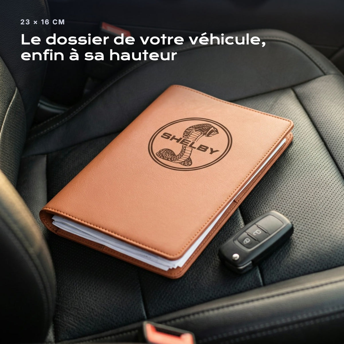 Porte-documents Shelby posé sur un siège, avec des factures