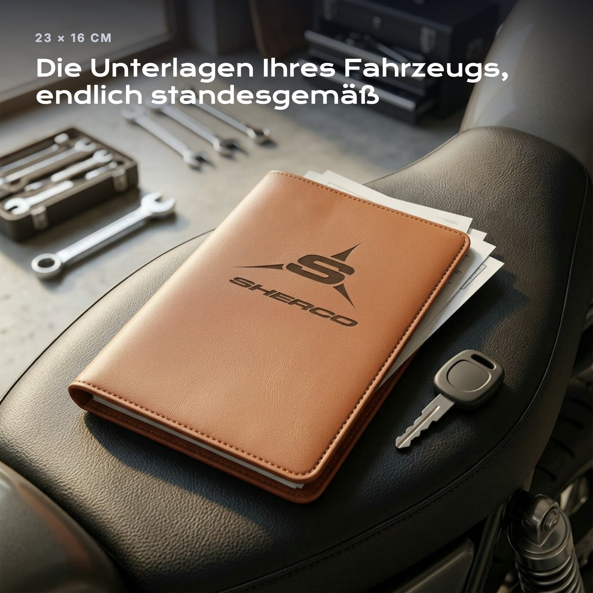 Fahrzeugmappe SHERCO auf einem Autositz, mit Rechnungen