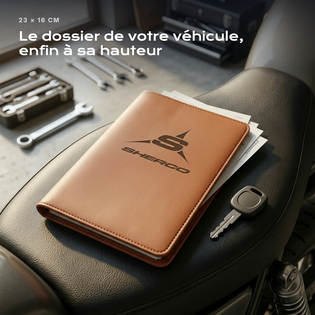 Porte-documents SHERCO posé sur un siège, avec des factures