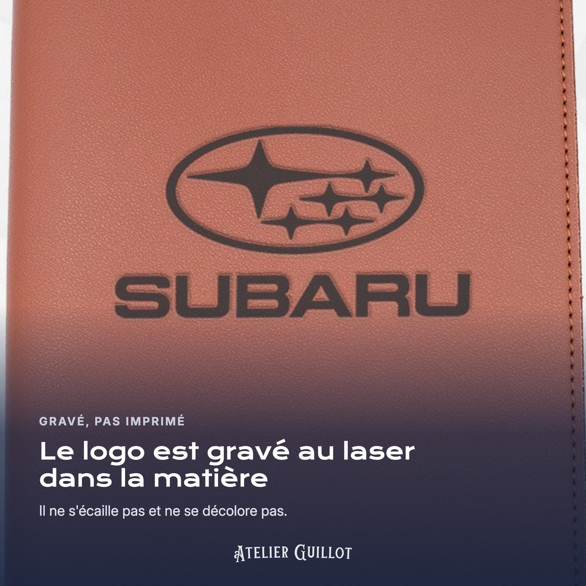 Logo SUBARU gravé au laser dans le simili cuir