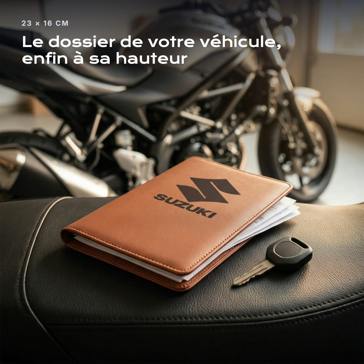 Porte-documents SUZUKI posé sur un siège, avec des factures