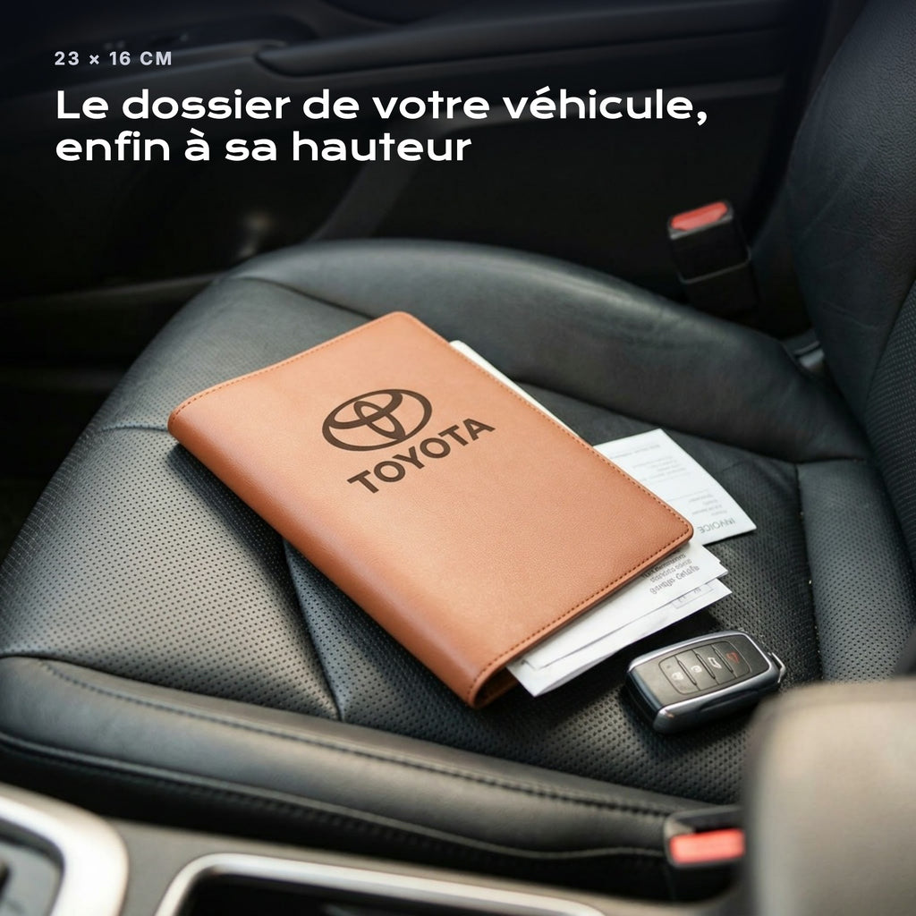 Porte-documents TOYOTA posé sur un siège, avec des factures