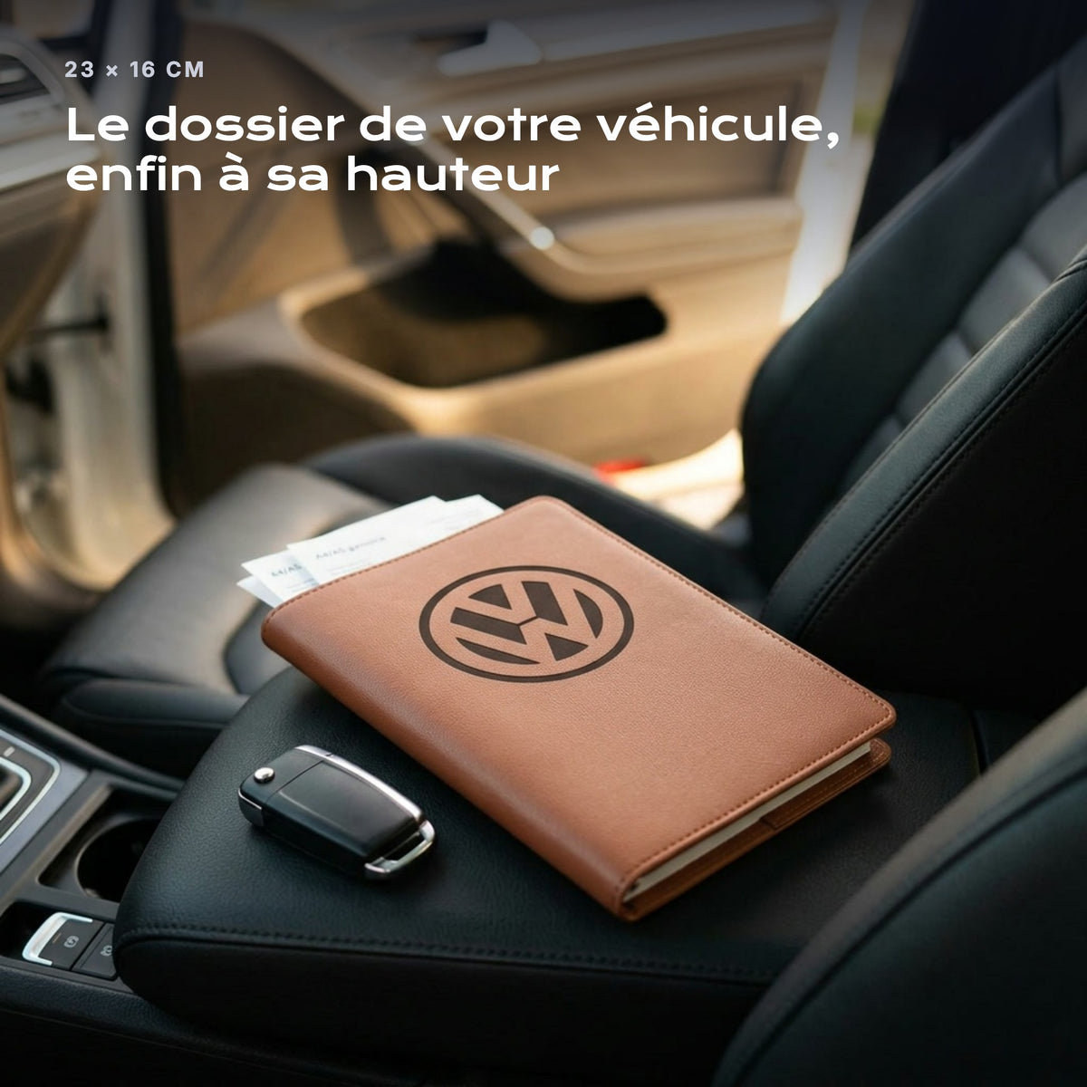 Porte-documents VOLKSWAGEN posé sur un siège, avec des factures
