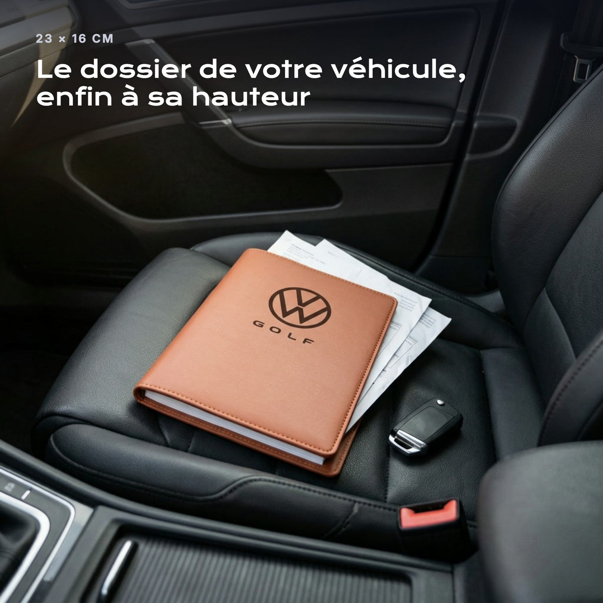 Porte-documents Volkswagen Golf posé sur un siège, avec des factures