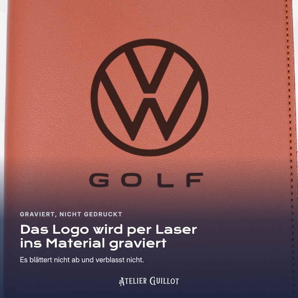 Logo Volkswagen Golf, per Laser in Kunstleder graviert
