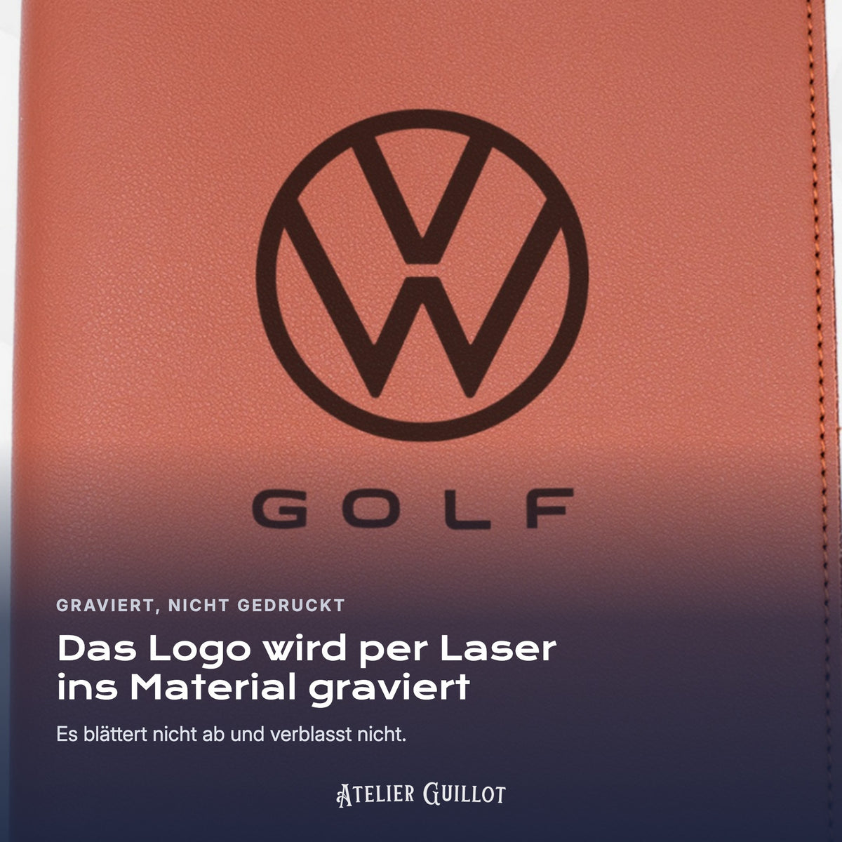 Logo Volkswagen Golf, per Laser in Kunstleder graviert
