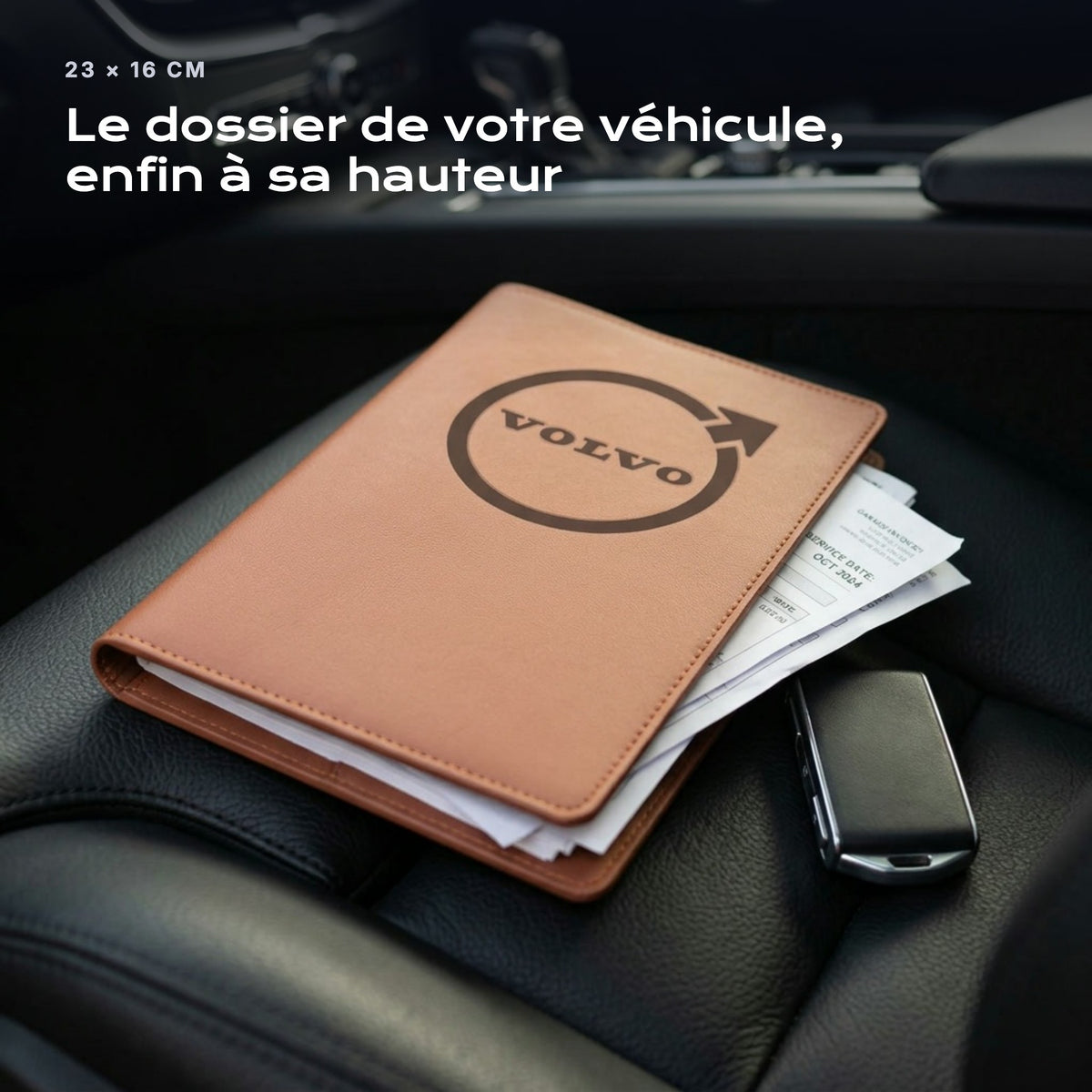 Porte-documents VOLVO posé sur un siège, avec des factures