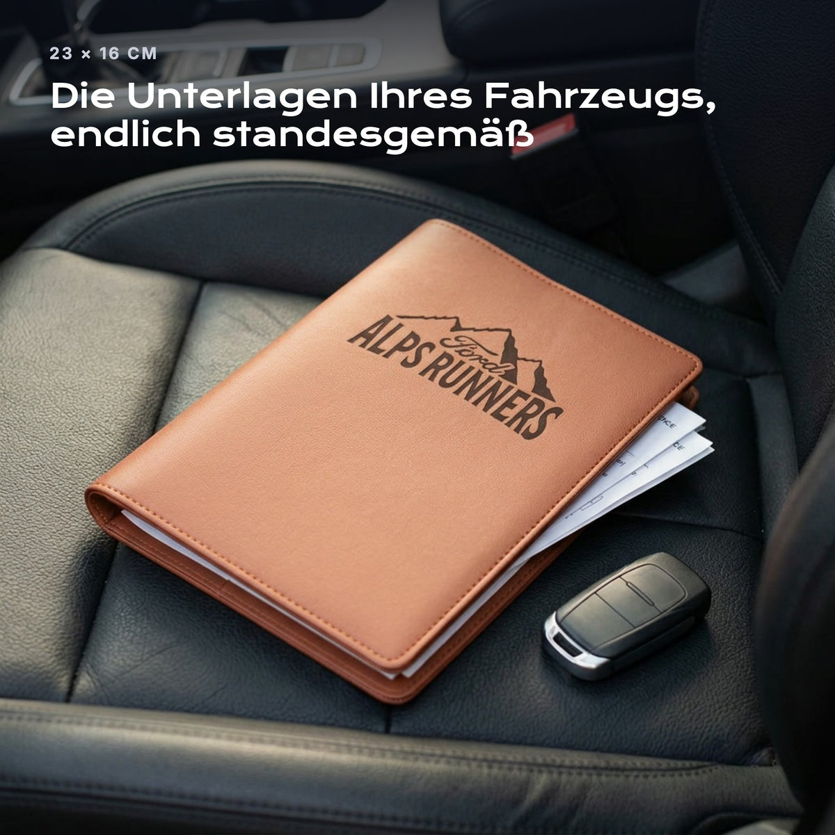 Fahrzeugmappe X Ford Alps Runners auf einem Autositz, mit Rechnungen