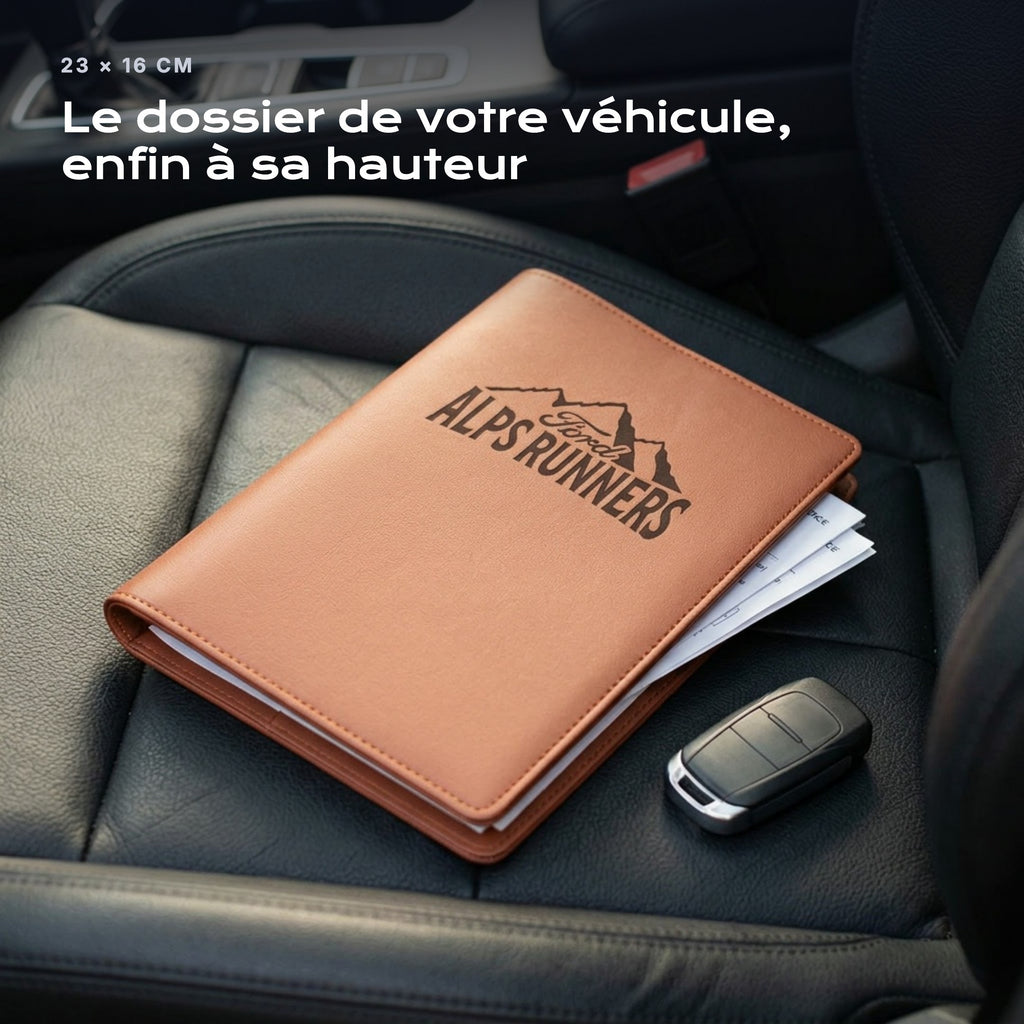 Porte-documents X Ford Alps Runners posé sur un siège, avec des factures