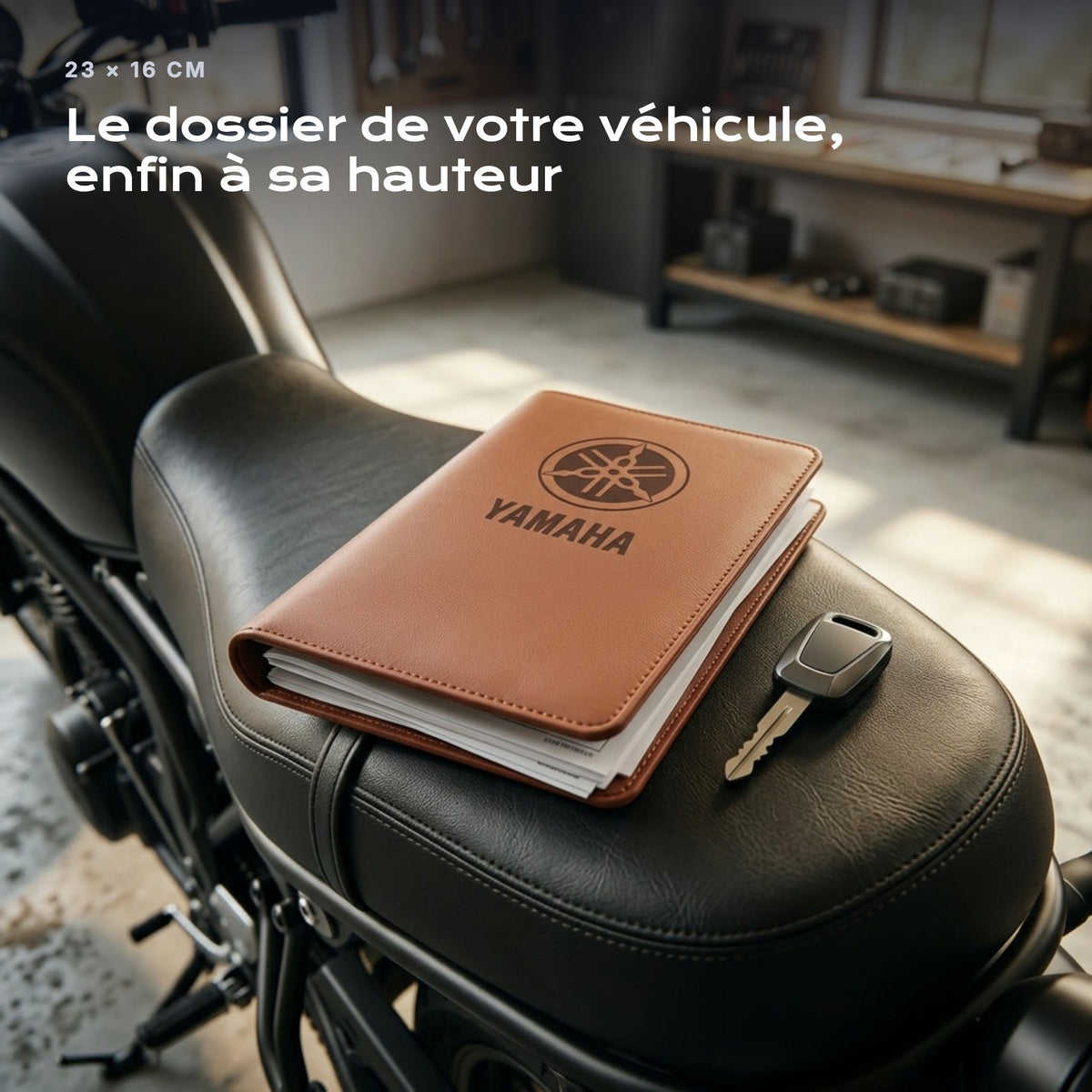 Porte-documents YAMAHA posé sur un siège, avec des factures
