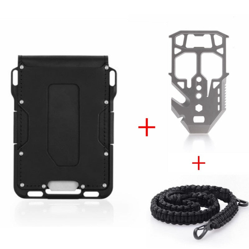 Kit de survie avec un porte-cartes une lame multifonction et un cordon