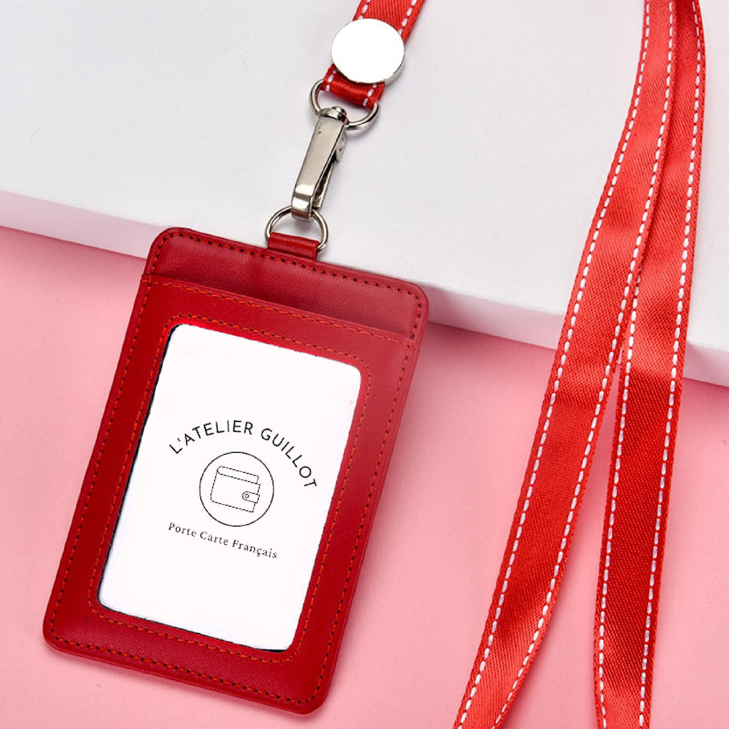 porte cartes tour de cou en cuir de couleur rouge