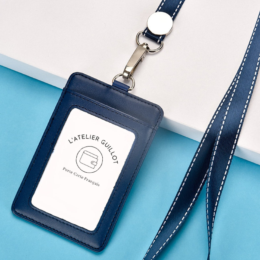 Porte Carte Tour de cou en cuir de couleur bleu